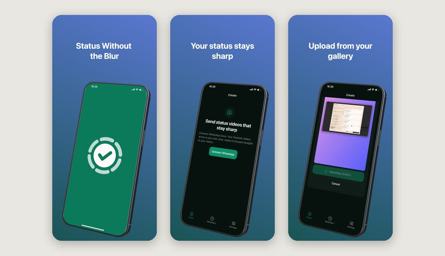 CleanStatus screens: the app icon, the WhatsApp connection screen and a video upload in progress
