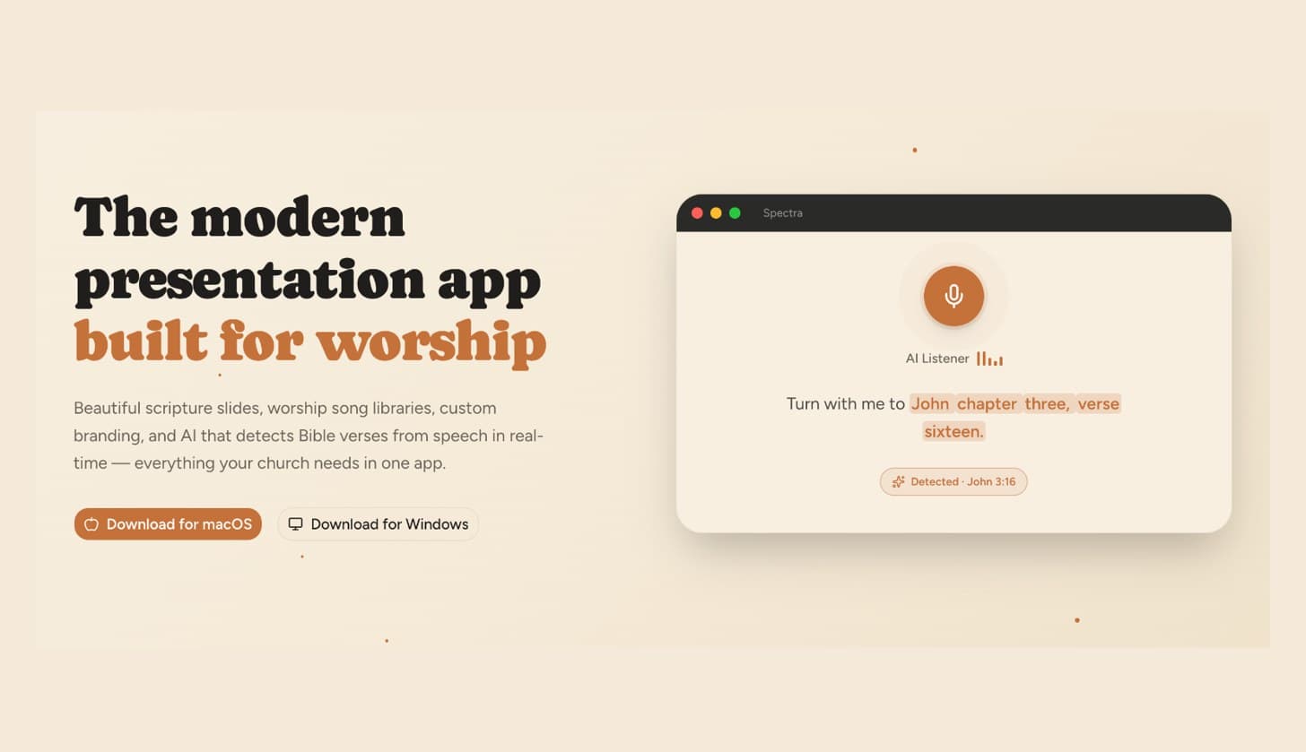 Spectra website: the AI Listener detecting John 3:16 from a spoken sentence